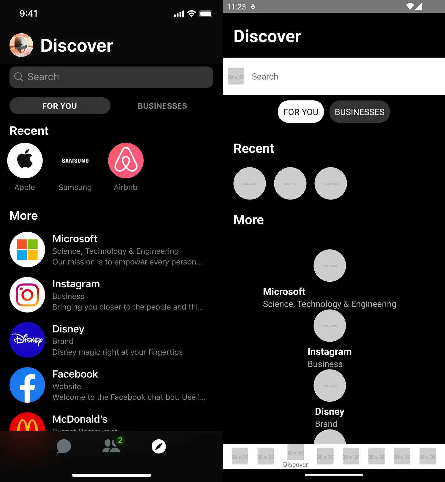 Generate functioning React Native apps - Messenger Discover.png